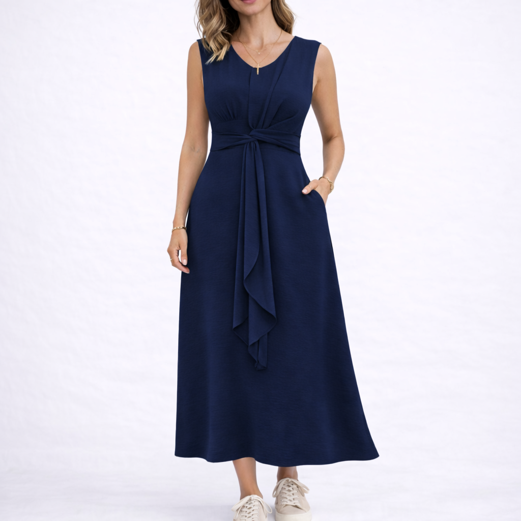 Women's Elegant Sleeveless Midi Dress with Waist Tie Detail