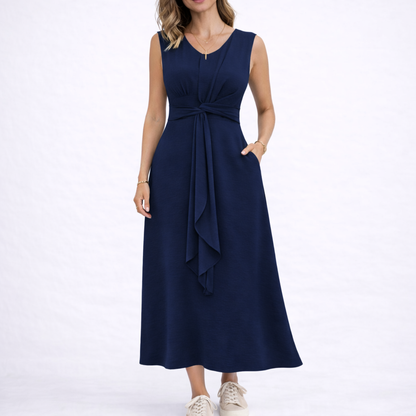 Women's Elegant Sleeveless Midi Dress with Waist Tie Detail