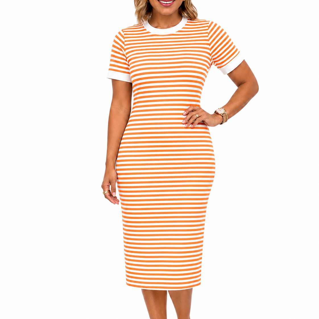 Women’s Black and White Striped Midi T-Shirt Dress – Elegant Occasion Wear UK