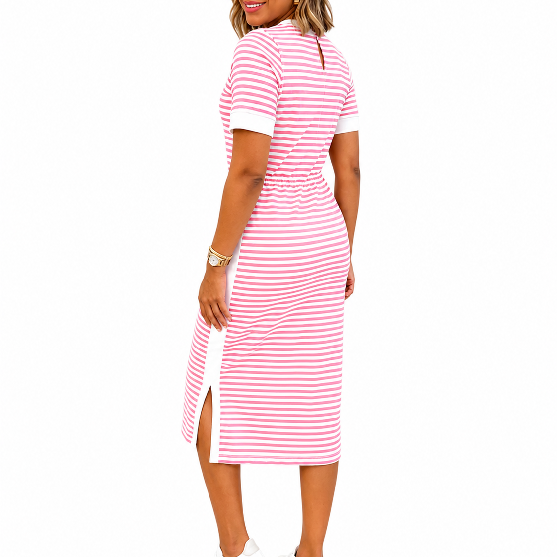Women’s Black and White Striped Midi T-Shirt Dress – Elegant Occasion Wear UK