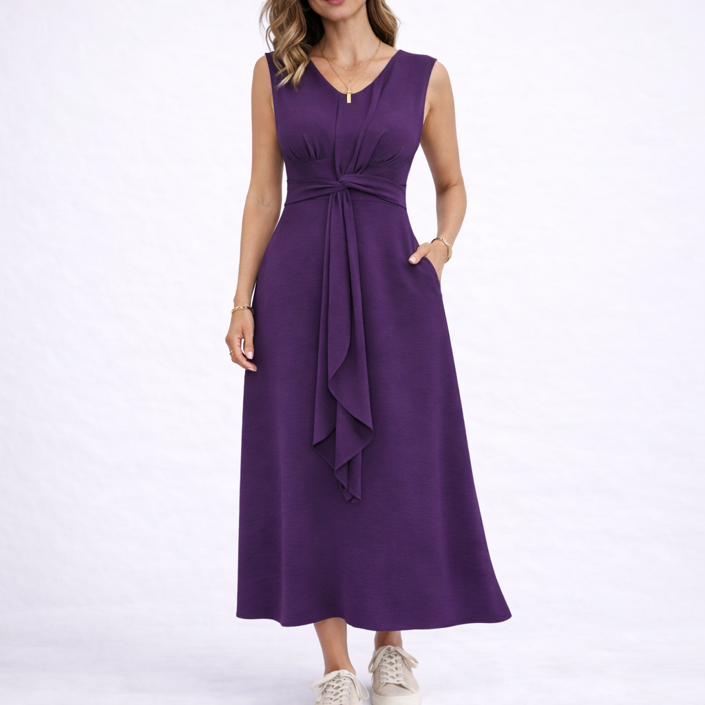 Women's Elegant Sleeveless Midi Dress with Waist Tie Detail