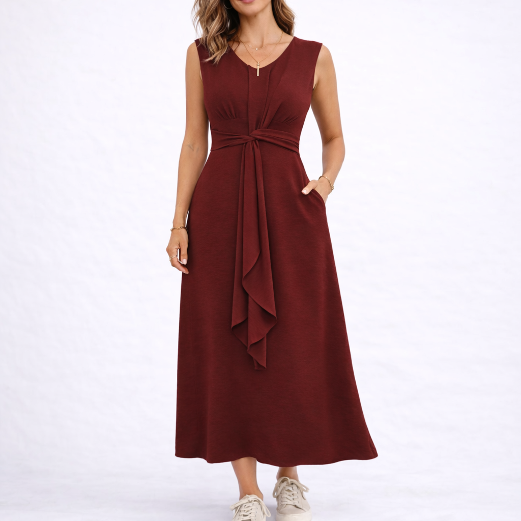 Women's Elegant Sleeveless Midi Dress with Waist Tie Detail