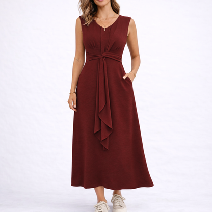 Women's Elegant Sleeveless Midi Dress with Waist Tie Detail
