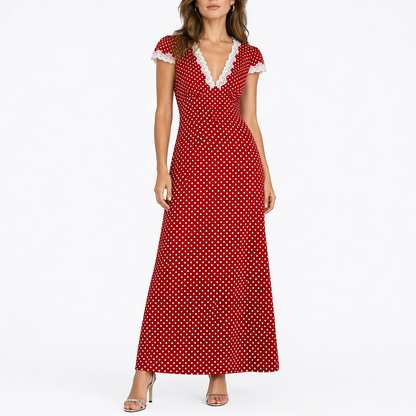 Women’s Summer Polka Dot Midi Dress with Lace Trim V-Neck – Flattering Fit for Women