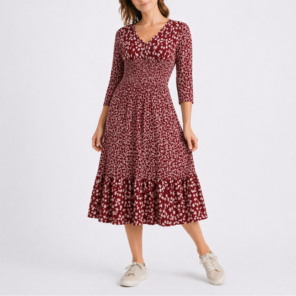 Women’s Floral Midi Dress with V-Neck and Smocked Waist – Elegant Occasion Wear UK