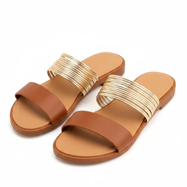 Women’s Flat Slide Sandals with Multi Strap Metallic Design – Everyday Walking Comfort