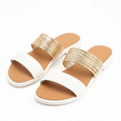 Women’s Flat Slide Sandals with Multi Strap Metallic Design – Everyday Walking Comfort