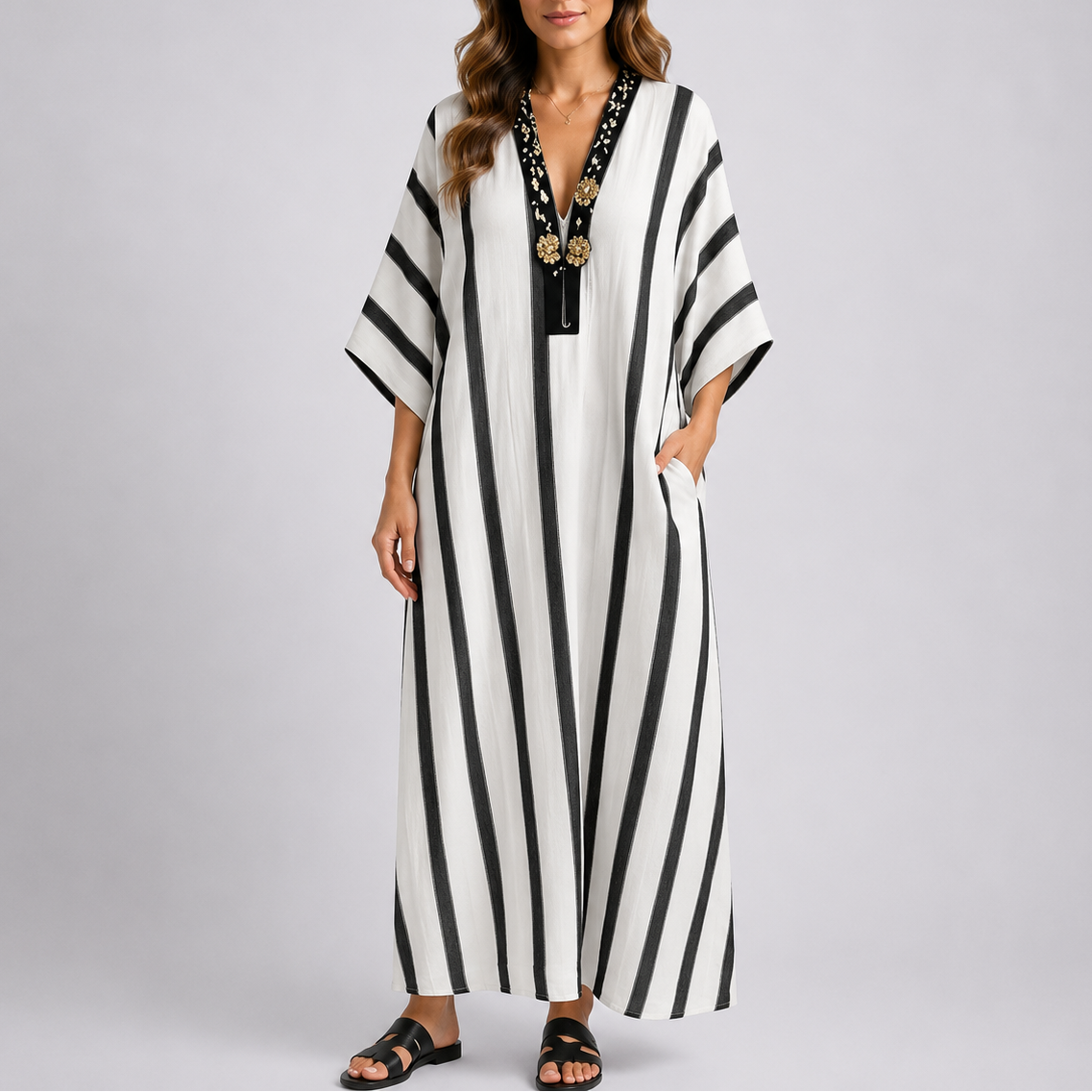 Stylish Mediterranean Striped Long Kaftan Dress – Elegant Occasion Wear UK