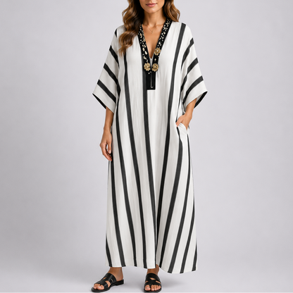 Stylish Mediterranean Striped Long Kaftan Dress – Elegant Occasion Wear UK