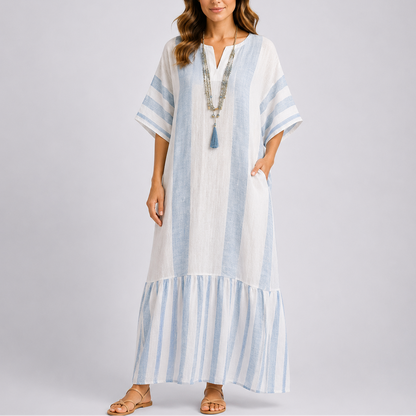 Stylish Mediterranean Striped Long Kaftan Dress – Elegant Occasion Wear UK