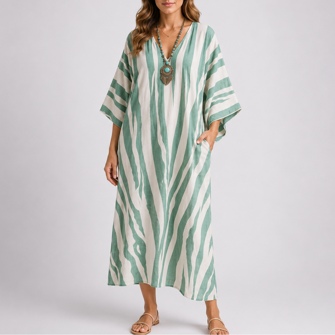 Stylish Mediterranean Striped Long Kaftan Dress – Elegant Occasion Wear UK