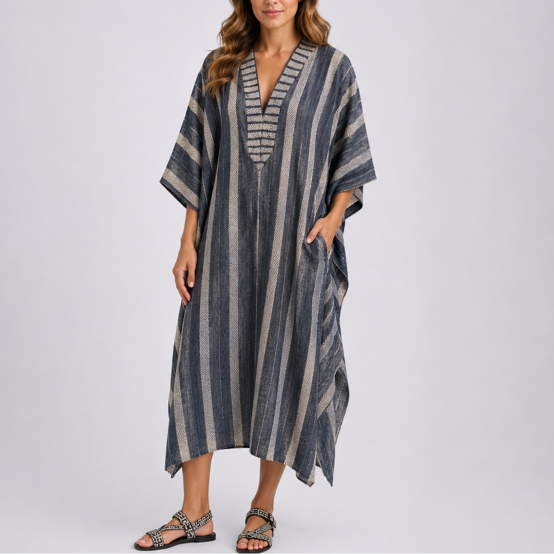 Stylish Mediterranean Striped Long Kaftan Dress – Elegant Occasion Wear UK