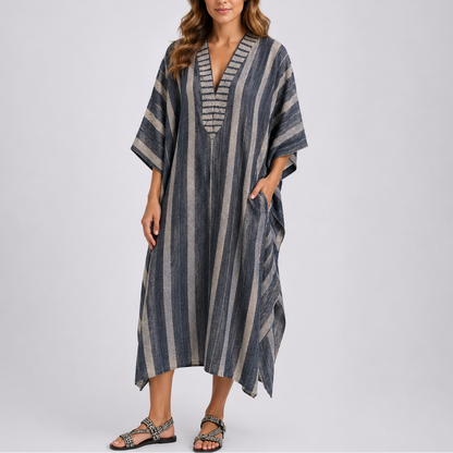 Stylish Mediterranean Striped Long Kaftan Dress – Elegant Occasion Wear UK