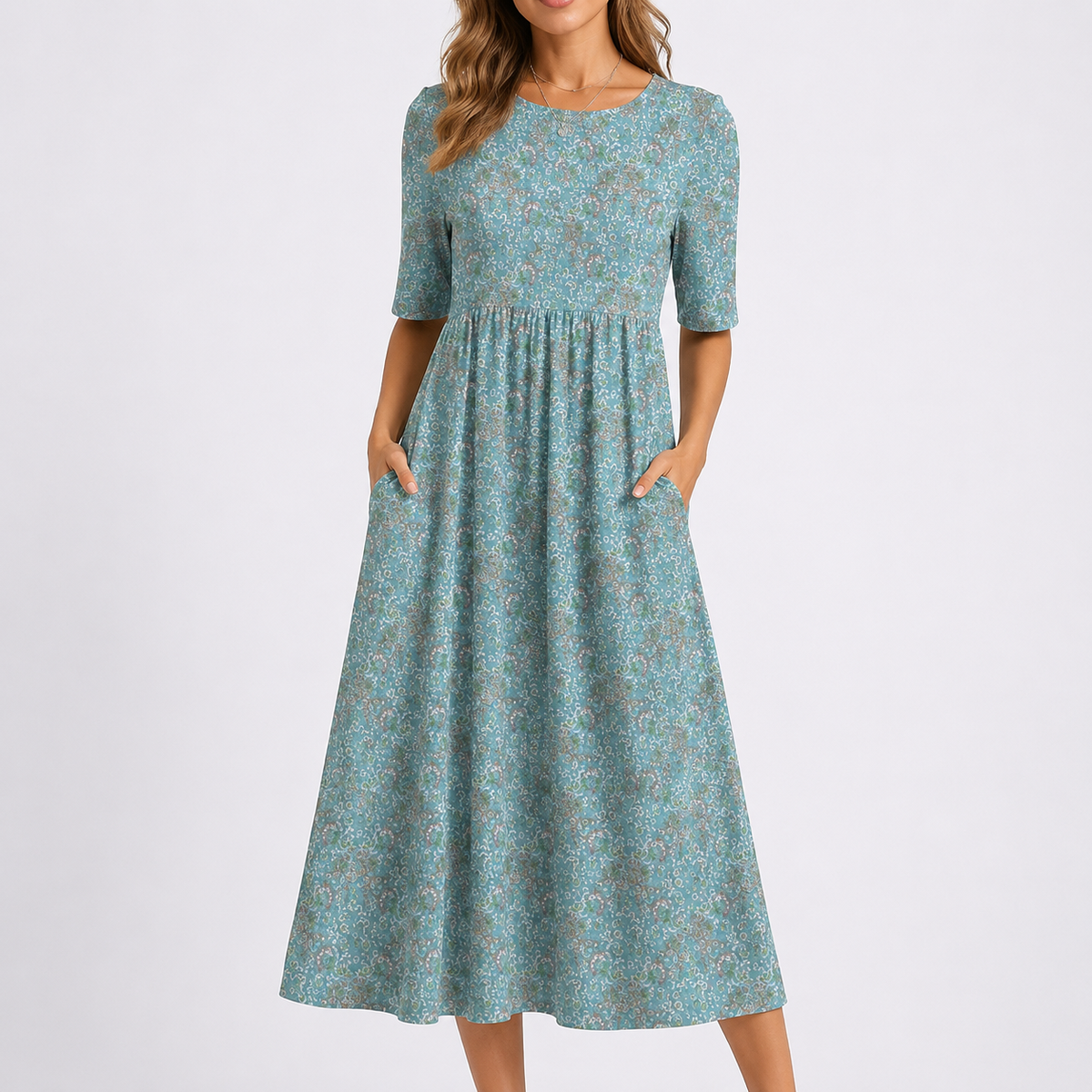 Women's Floral Midi Dress – Neckline Printed