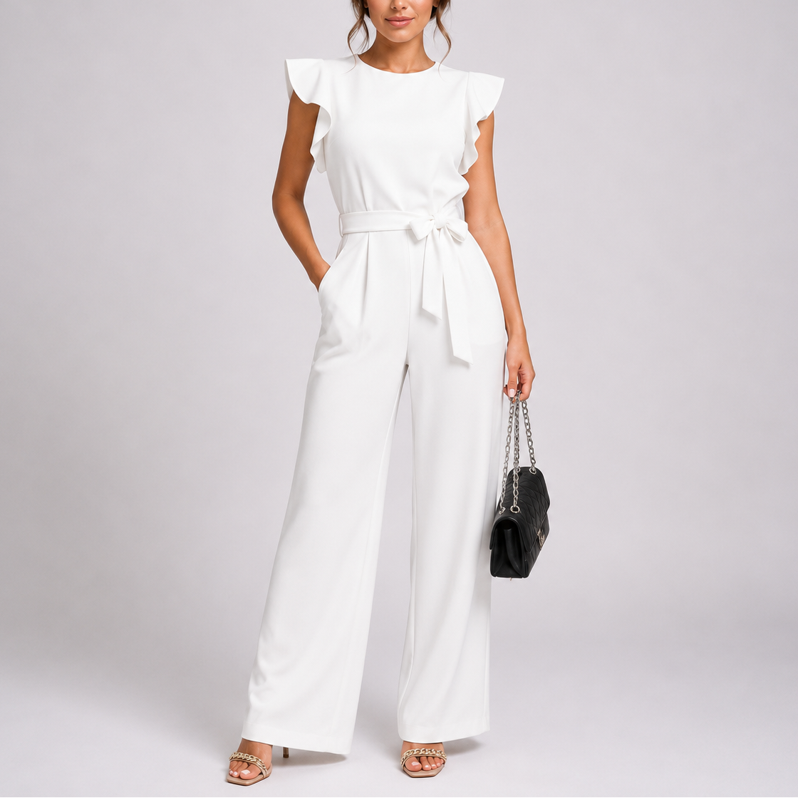 Women’s Stylish Wide-Leg Jumpsuit with Ruffle Sleeves – Coordinated Outfit for Women