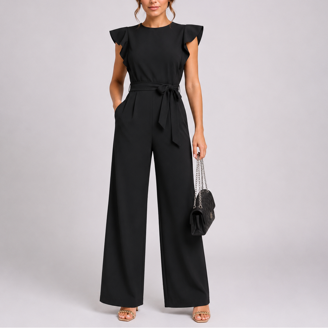 Women’s Stylish Wide-Leg Jumpsuit with Ruffle Sleeves – Coordinated Outfit for Women