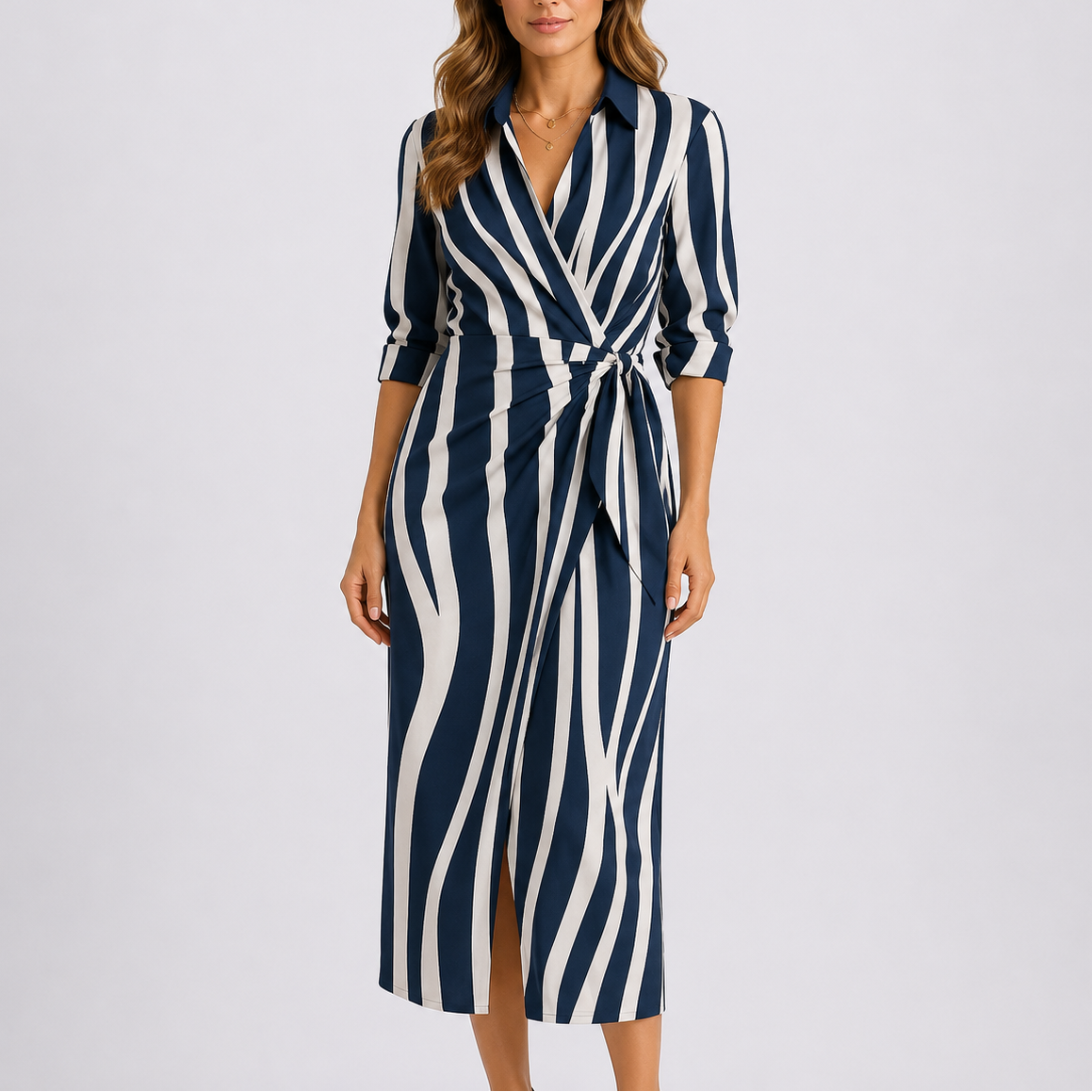 Women’s Casual Stylish Midi Dress – V-Neck Tie Waist Wrap Dress – Effortless Everyday Style