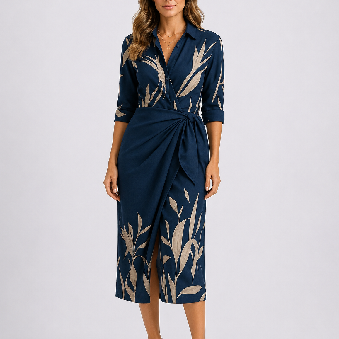 Women’s Casual Stylish Midi Dress – V-Neck Tie Waist Wrap Dress – Effortless Everyday Style