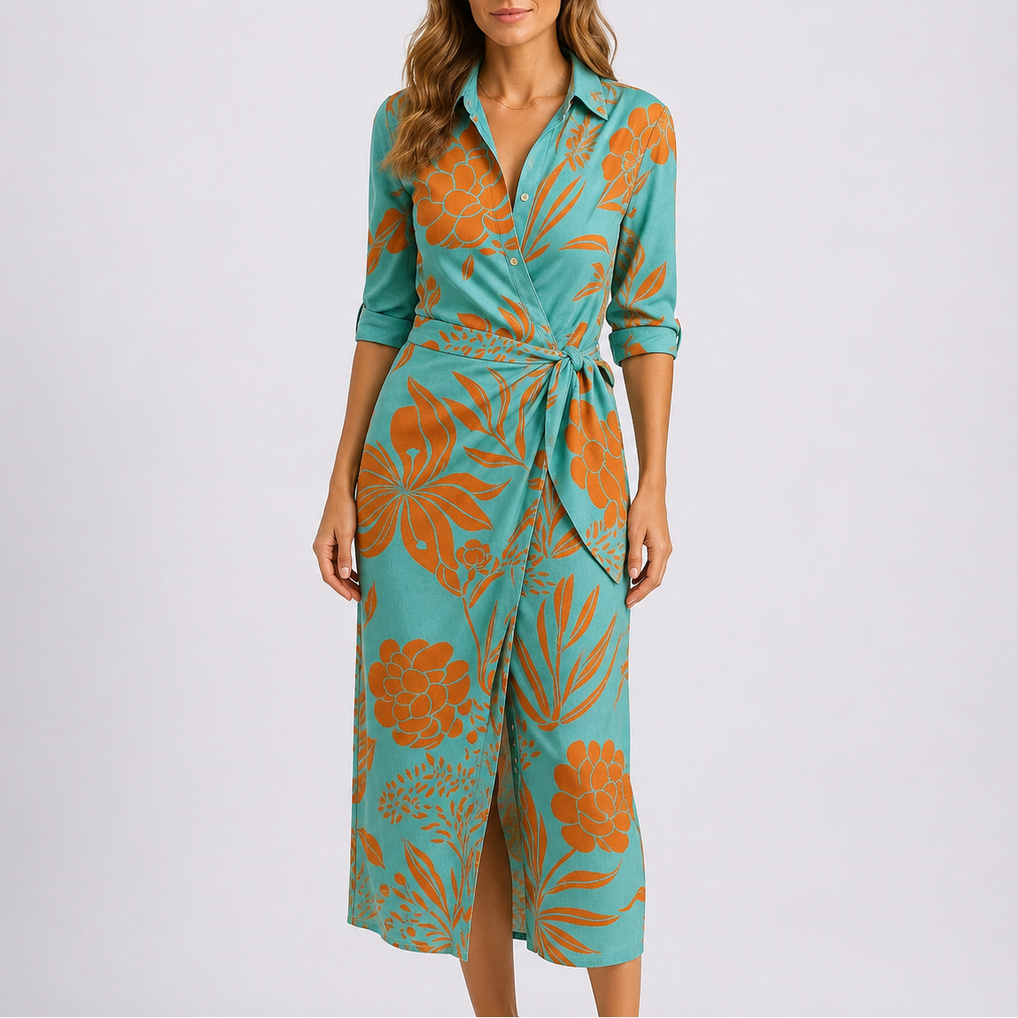 Women’s Casual Stylish Midi Dress – V-Neck Tie Waist Wrap Dress – Effortless Everyday Style