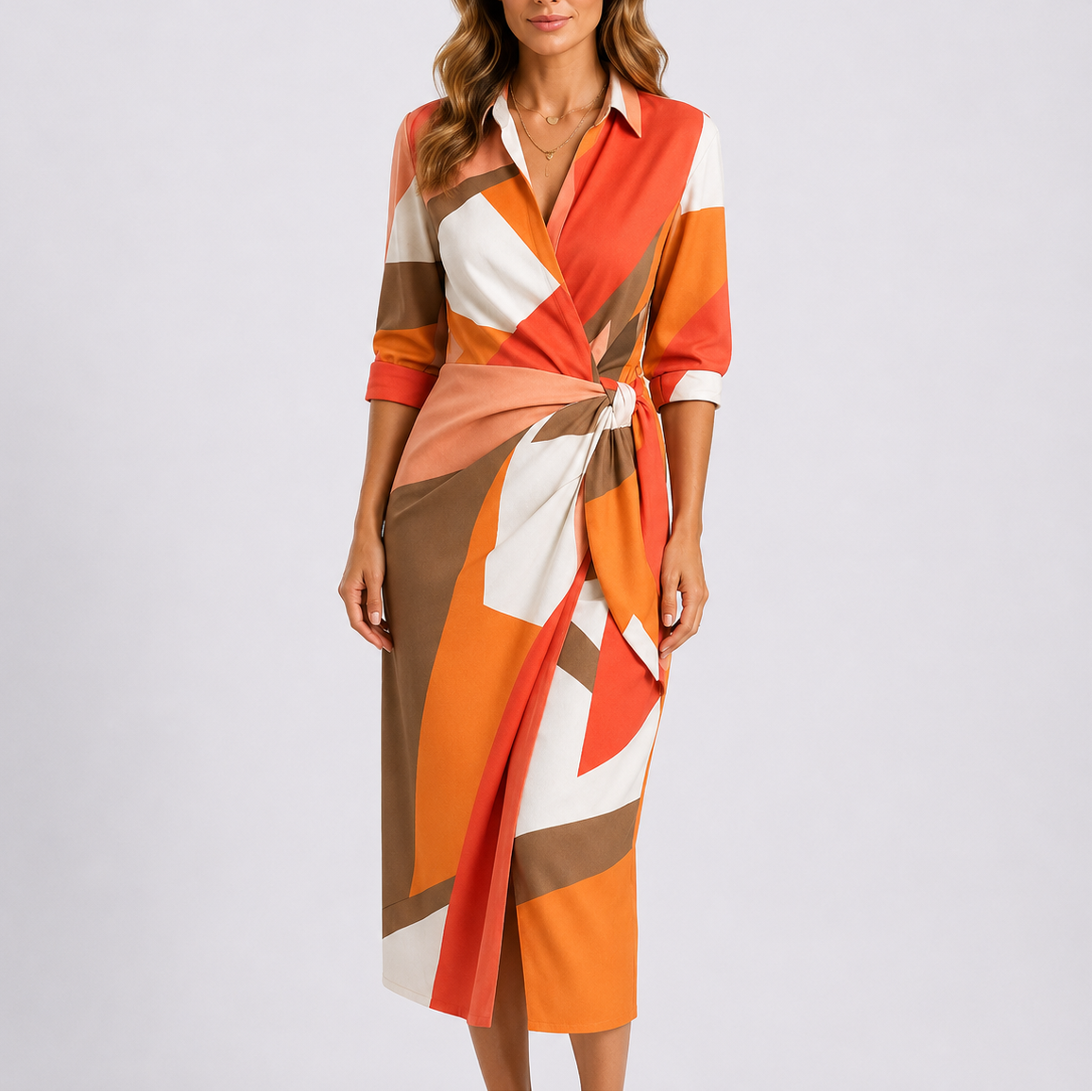 Women’s Casual Stylish Midi Dress – V-Neck Tie Waist Wrap Dress – Effortless Everyday Style