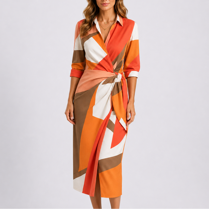Women’s Casual Stylish Midi Dress – V-Neck Tie Waist Wrap Dress – Effortless Everyday Style