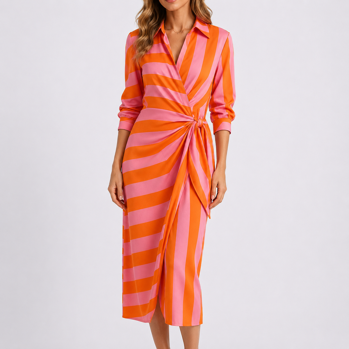 Women’s Casual Stylish Midi Dress – V-Neck Tie Waist Wrap Dress – Effortless Everyday Style